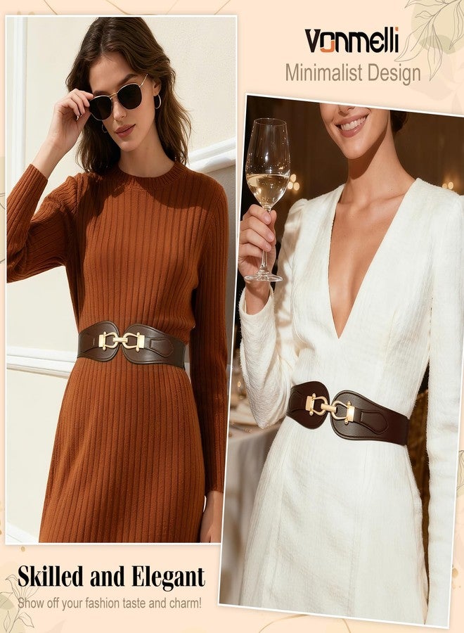 VONMELLI Wide Elastic Belts for Women Stretch Ladies Waist Belt Fashion Gold Buckle, Vintage Thick Coffee Womens Belts for Dress, M - Image 4